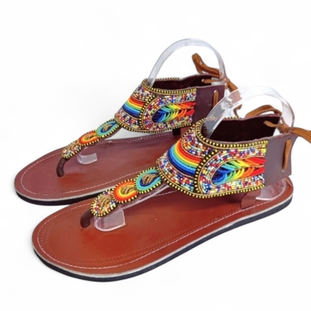 Beaded Leather T-Strap Sandals Boho Colorful Rainbow Tie-Back Size 9.5-10.5